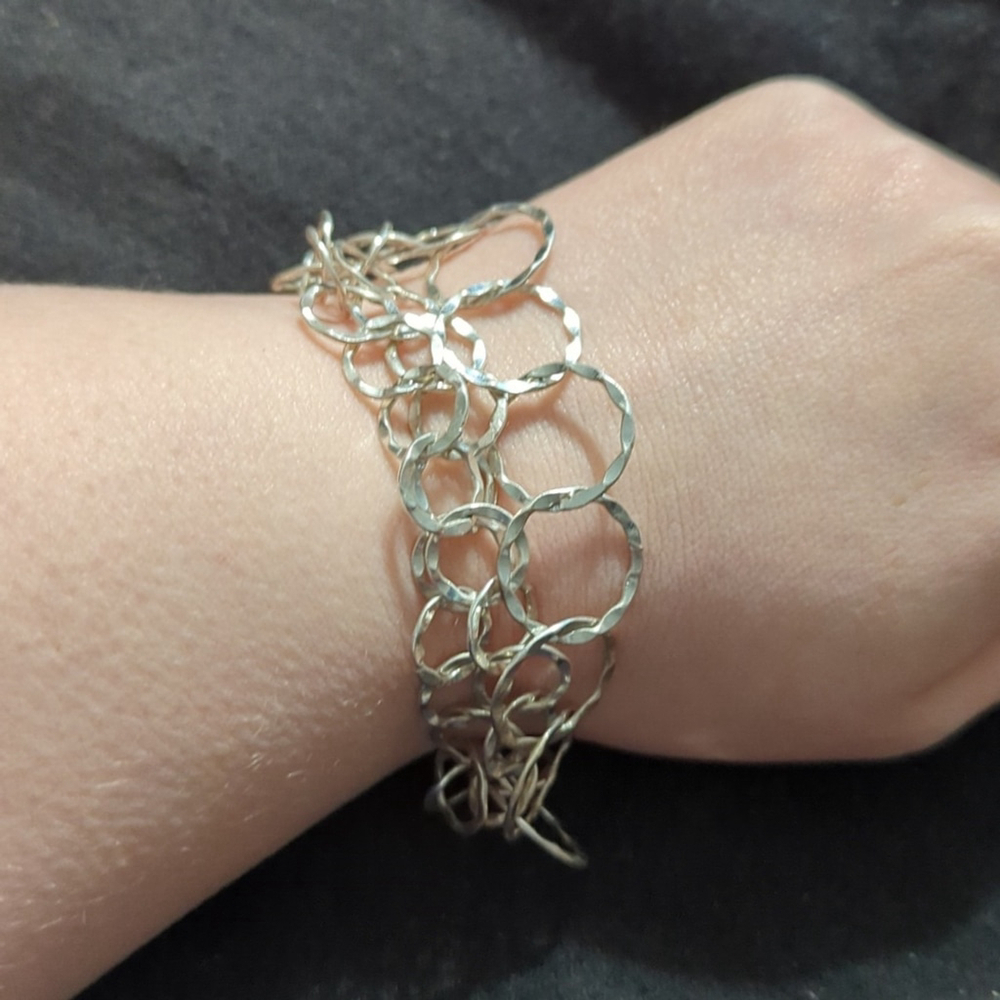 Silver Tone Hammered Open Link Layered Statement Bracelet